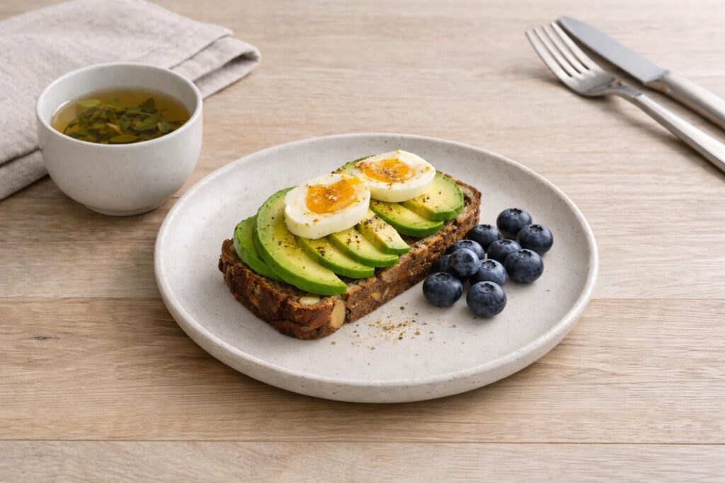 Gezonde lunchinspiratie: notenbrood met avocado en zachtgekookt ei, blauwe bessen en kruidenthee in zacht winterlicht. Eenvoudig, voedzaam en smakelijk.